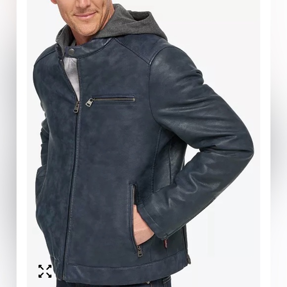 Men's Blue Faux Leather Jacket with Hood - Picture 3 of 12